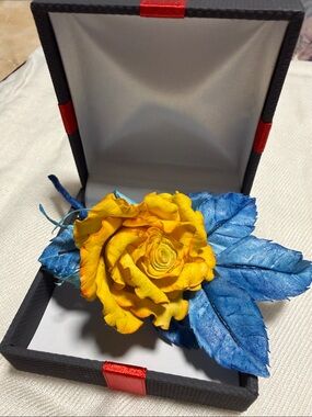 Yellow Rose Brooch with Blue Leaves - Women Jewelry Brooches